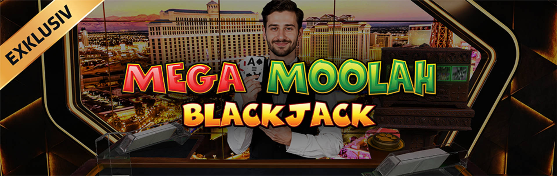Exklusivt spel: Mega Moolah Blackjack med en dealer som håller kort framför en stadssilhuett.